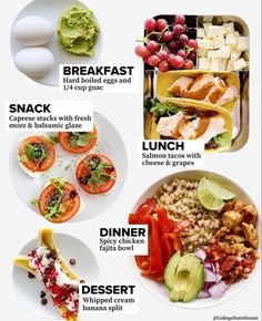 an image of different foods that include eggs and vegetables in the middle of each plate