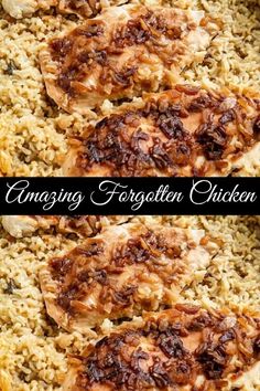 chicken and rice casserole is shown with the words, amazing forgotten chicken