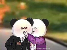 three cartoon pandas wearing suits and ties, one is covering his face with the other's head