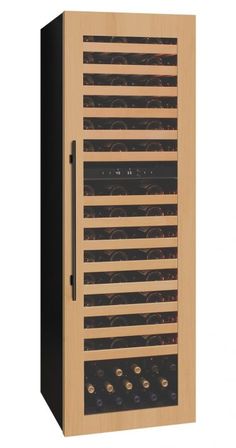 a wooden wine cooler with many bottles in the front and bottom racks on each side