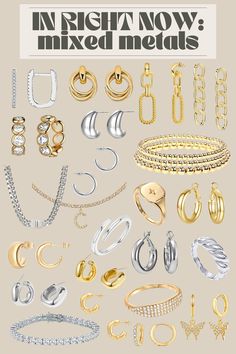 Silver Metal Jewellery, Silver And Gold Bracelets Together, Silver And Rose Gold Jewelry Mixing, Mix Silver And Gold Jewelry, Mixing Jewelry Metals, Staple Jewelry Pieces, Silver And Gold Mixed Jewelry, Silver And Gold Jewelry Mixing Earrings, Gold And Silver Earrings Mixing