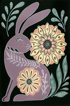 an image of a rabbit with flowers in its mouth and leaves on it's back