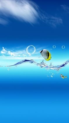 an underwater scene with fish and bubbles in the water, on a blue sky background