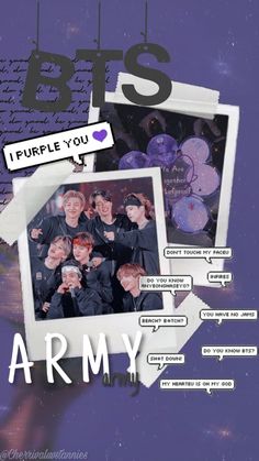 collage of photos with the words bts, purple you and army