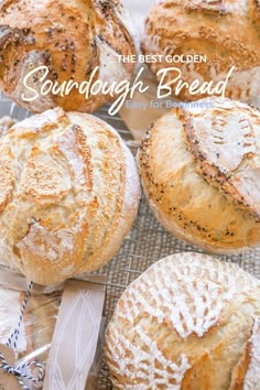 sourdough breads on a cooling rack with the words, the best golden sunday bread