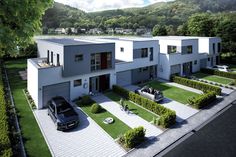 an artist's rendering of a modern house with cars parked in the front yard