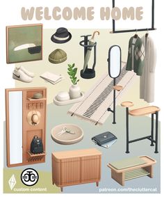 an image of a welcome home card with clothes and accessories on display in front of the door