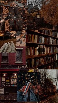 the collage shows many different books on shelves