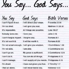 a note with the words you say, god says and bible verses on it