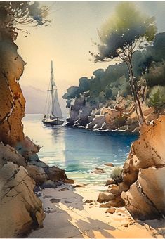 a watercolor painting of a sailboat on the ocean near rocks and trees in the foreground