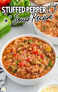 two white bowls filled with stuffed pepper soup next to green peppers and cheese on the side