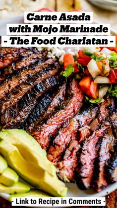 steak with avocado, tomatoes and sliced radishes on a white plate