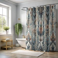 a bathroom with a tub, shower curtain and rug in front of the bathtub