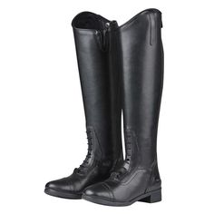 a pair of black riding boots on a white background