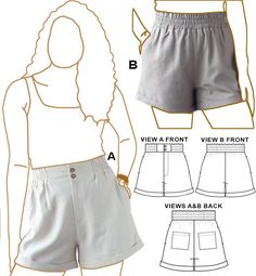 the front and back view of shorts with measurements for each side, showing how to fit them