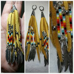 three pictures of different colored feathers and beaded beads hanging from the ends of earrings