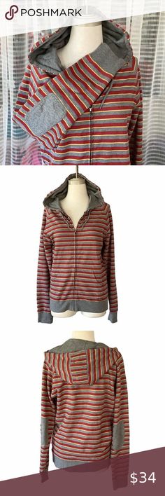 Paul Frank Striped Zip Hoodie Jacket Sweatshirt Sz. Medium Paul Frank, Brown And Pink, Pink Jacket, Elbow Patches, Hoodie Jacket, Red Gold, Blue Stripes, Front Zipper, Zip Hoodie