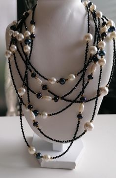 Black Bead Jewelry, Black Long Necklace, Fine Necklace, Necklace With Pearls, The Color White, Long Pearl Necklaces, Water Blue, Polymer Clay Necklace, Clay Necklace