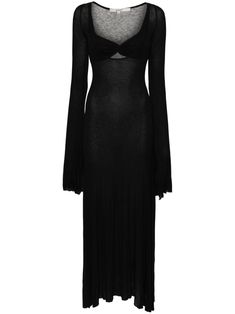 black stretch-jersey detachable bralette detailing plunging V-neck long sleeves flared split cuffs fitted waistline slight flare raw-cut hem floor-length unlined Black Goth Dress, Long Sleeve Black Maxi Dress, Black Dress With Sleeves, Guest Attire, Goth Dress, Maxi Dress Black, Dreamy Dress, Grunge Style, Long Sleeve Maxi