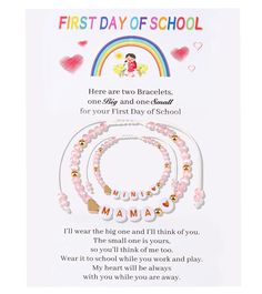 the first day of school bracelets with pink beads and hearts on them, are shown in