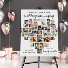 a wedding anniversary celebration welcome sign on a tripod with balloons and gifts in the background