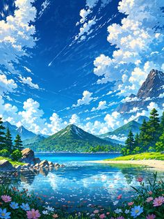 an anime landscape with mountains and flowers in the foreground, blue sky above water