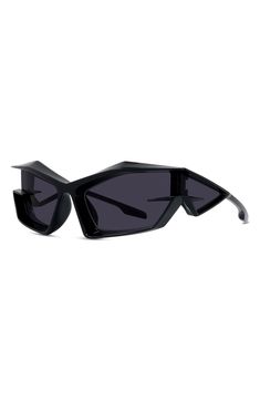 Exaggerated geometric frames lend futuristic flair to these stylish sunglasses with smoky-tinted, UV-protective lenses. 100% UV protection Acetate Imported Futuristic Shield Sunglasses For Streetwear, Modern Cat Eye Shield Sunglasses, Modern Shield Sunglasses With Gradient Lenses For Evening, Futuristic Sunglasses With Mirrored Lenses For Streetwear, Modern Shield Sunglasses With Mirrored Lenses For Evening, Futuristic Mirrored Sunglasses For Streetwear, Futuristic Anti-reflective Sunglasses For Streetwear, Modern Shield Sunglasses With Tinted Lenses For Evening, Modern Polarized Shield Sunglasses For Evening