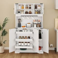 an open cabinet with spices and condiments in it