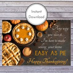 a thanksgiving card with pies and pumpkins