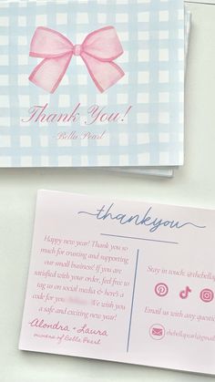 a thank card with a pink bow on it next to a note that says thank you