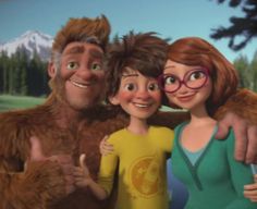 an animated image of two people and a bigfoot standing next to each other with their arms around one another