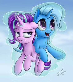 two little ponys hugging each other in the sky