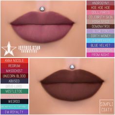 the different colors of lipstick are shown in this graphic style, including red, purple, green and blue