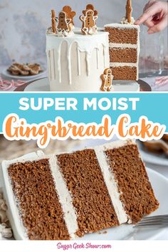 there is a cake with white frosting and gingerbread icing