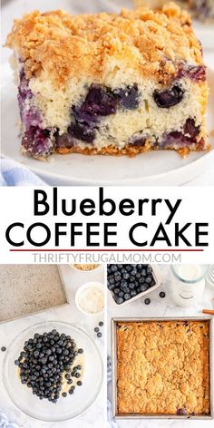 blueberry coffee cake with crumbled toppings on top and below the recipe