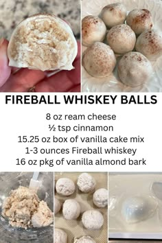 Fireball Whiskey Balls with a creamy, cinnamon-spiced filling coated in vanilla almond bark. Ingredients listed include cream cheese, cinnamon, vanilla cake mix, Fireball whiskey, and vanilla almond bark. Fireball Whiskey Balls No Bake, Fireball Bread Pudding, Fireball Cookies Recipe, No Bake Alcoholic Desserts, Fireball Cake Balls, Fireball Cookie Recipes, Fireball Truffles, Infused Bourbon Recipes, Fireball Whiskey Balls