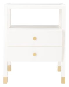 a white nightstand with two drawers on one side and gold handles, against a white background