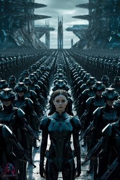 an image of a woman standing in front of a large group of people with helmets on