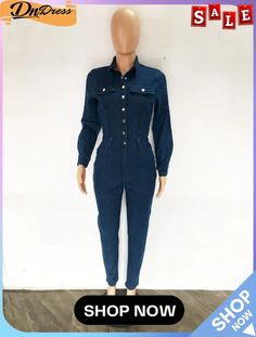 Women Slim Stretch Wash Denim Jumpsuit Fitted Denim Jumpsuits And Rompers With Long Sleeve, Casual Fitted Long Sleeve Denim Jumpsuit, Fitted Denim Blue Jumpsuit For Fall, High Rise Dark Wash Denim Jumpsuit For Fall, Fitted Medium Wash Jumpsuits For Fall, Denim Fitted Jumpsuit For Fall, Dark Wash Long Sleeve Jumpsuits For Fall, Fitted Denim Jumpsuits And Rompers For Casual Wear, Fitted Medium Wash Jumpsuits And Rompers For Fall