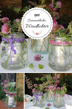 flowers are in mason jars with ribbons on the top and bottom, sitting on a table