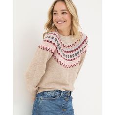 It's unfair(isle) just how cosy this Sweater is. Made from a gorgeous lofty yarn, it features a colourful Fair Isle pattern across the yoke and is finished with flattering cuffed sleeves. Style it with a denim skirt or trousers. Ski Sweaters, Yoke Sweater, Sleeves Style, Fair Isle Pattern, Womens Crewneck, Fair Isle Sweater, Fat Face, Knitted Pullover Sweaters, Fashion Sale