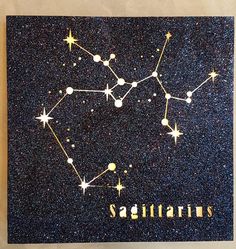 the zodiac sign sagithans on a black background with gold lettering and stars