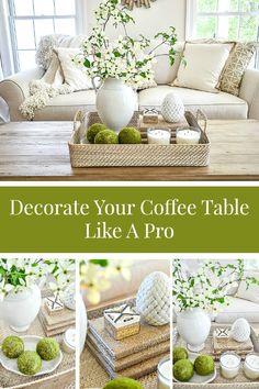 coffee table decorated with moss balls and white flowers in a vase on top of a wooden tray