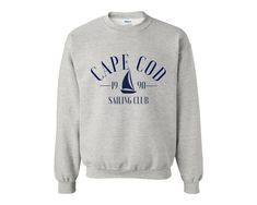 Vintage style Cape Cod Sailing School sweatshirt, order a size or 2 up for a vintage, oversized fit. Great for lounging in during the summer, or wearing when going boating! -50% Cotton 50% Polyester -Loose fit -Runs true to size -Gildan Sweatshirt -Direct to Garment print, wash as normal! Nautical Cotton Crew Neck Sweater, Nautical Cotton Sweater With Crew Neck, California Sweatshirt, School Sweatshirts, Beverly Hills Polo Club, Club Sweatshirts, Polo Sweatshirt, Marthas Vineyard, Gildan Sweatshirts