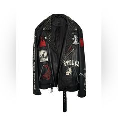 Ultra Rare Stolen Girlfriend’s Club Joey Embellished Leather Jacket. Features Appliqus, Spikes And Painted Details. Genuine Leather. Brand New Without Tag Embellished Fitted Leather Jacket With Long Sleeves, Fitted Embellished Leather Jacket With Long Sleeves, Fitted Long Sleeve Embellished Leather Jacket, Winter Embellished Leather Jacket With Long Sleeves, Black Rock Style Outerwear For Party, Edgy Embellished Winter Outerwear, Edgy Embellished Long Sleeve Outerwear, Embellished Long Sleeve Biker Jacket For Fall, Embellished Long Sleeve Biker Jacket For Winter