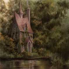 a painting of a house in the woods next to a body of water with trees around it