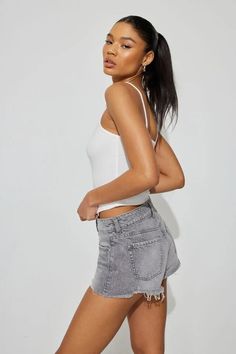 Denim Festival Short, Steele Grey Grey Denim Shorts Outfit, Denim Festival, Grey Denim Shorts, Denim Shorts Outfit, Festival Shorts, Shorts Outfit, Grey Denim, It Girl, Baby Tee