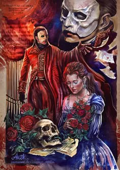 a painting of a man and woman with skulls in their hands, surrounded by roses