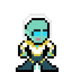 an image of a pixel art character with blue eyes and yellow body, sitting on the ground