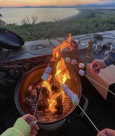 two people holding marshmallows over an open fire pit with water in the background